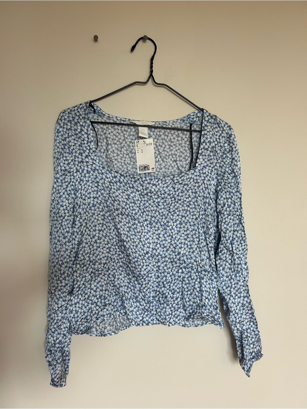 H&M Blue Floral Square-Neck Long-Sleeve Blouse